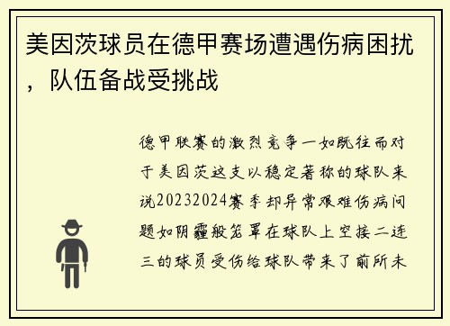 美因茨球员在德甲赛场遭遇伤病困扰，队伍备战受挑战